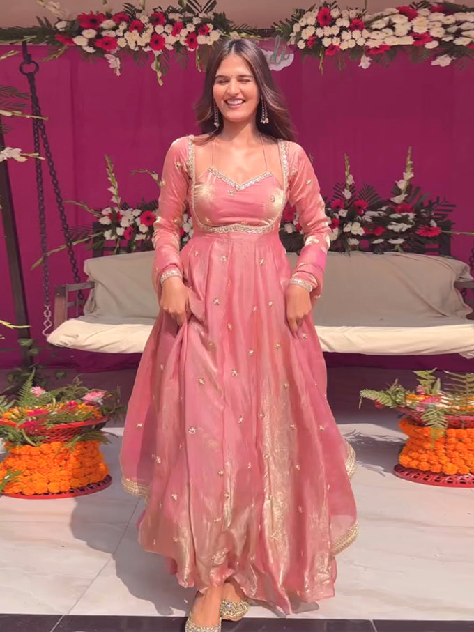 Peach Satin Embroidery Sequence Work Gown For Women