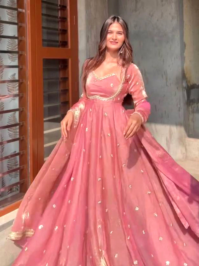 Peach Satin Embroidery Sequence Work Gown For Women