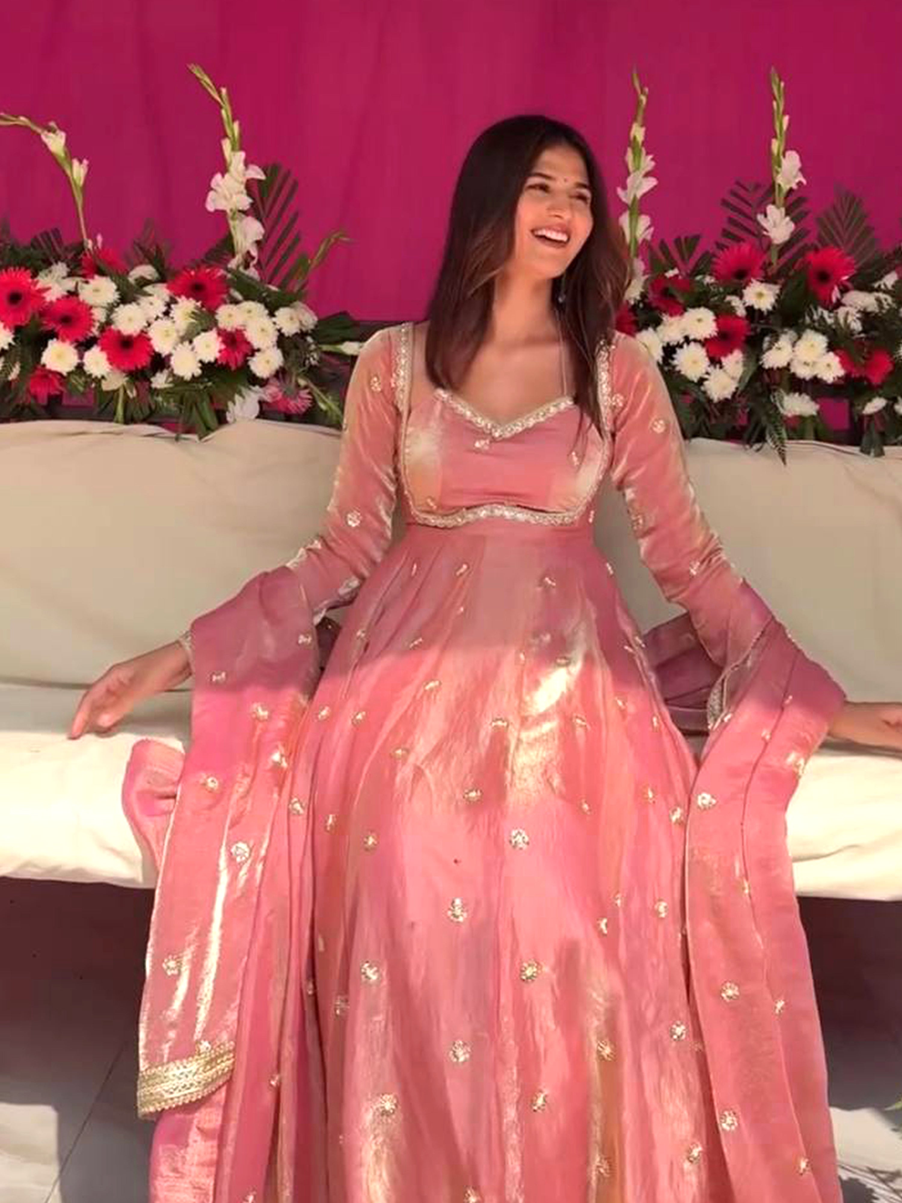 Peach Satin Embroidery Sequence Work Gown For Women