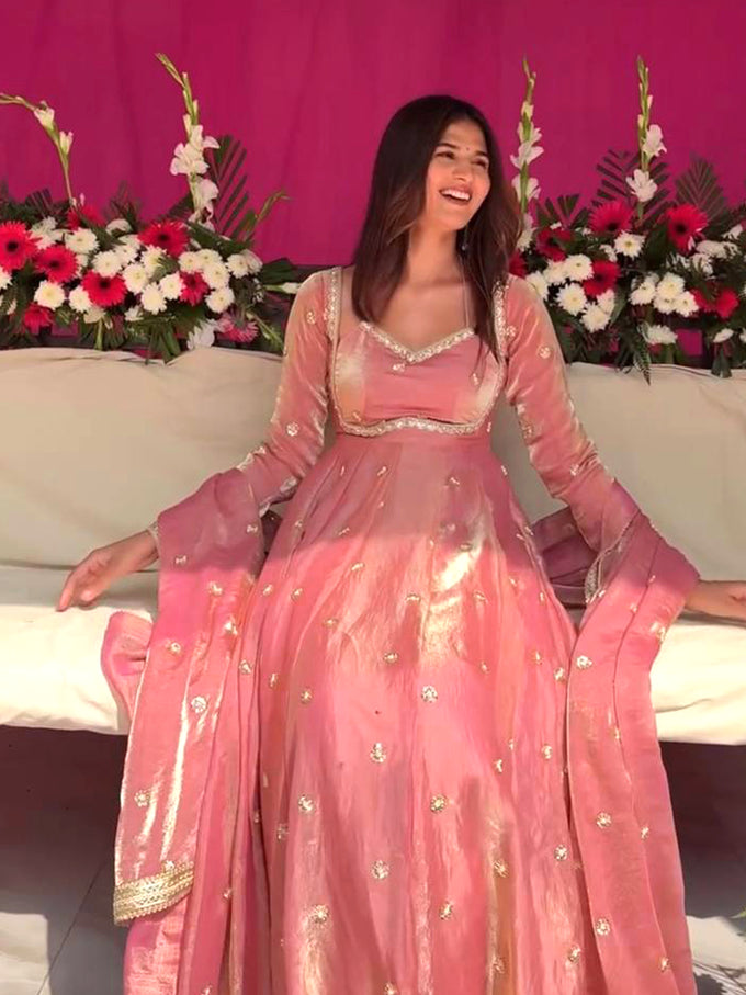 Peach Satin Embroidery Sequence Work Gown For Women