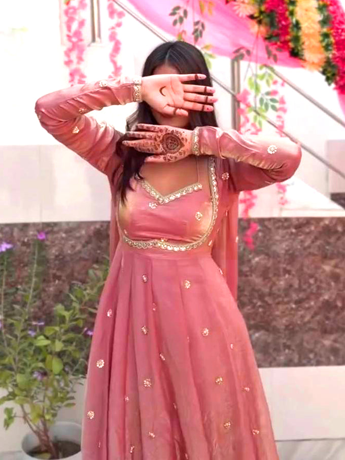 Peach Satin Embroidery Sequence Work Gown For Women