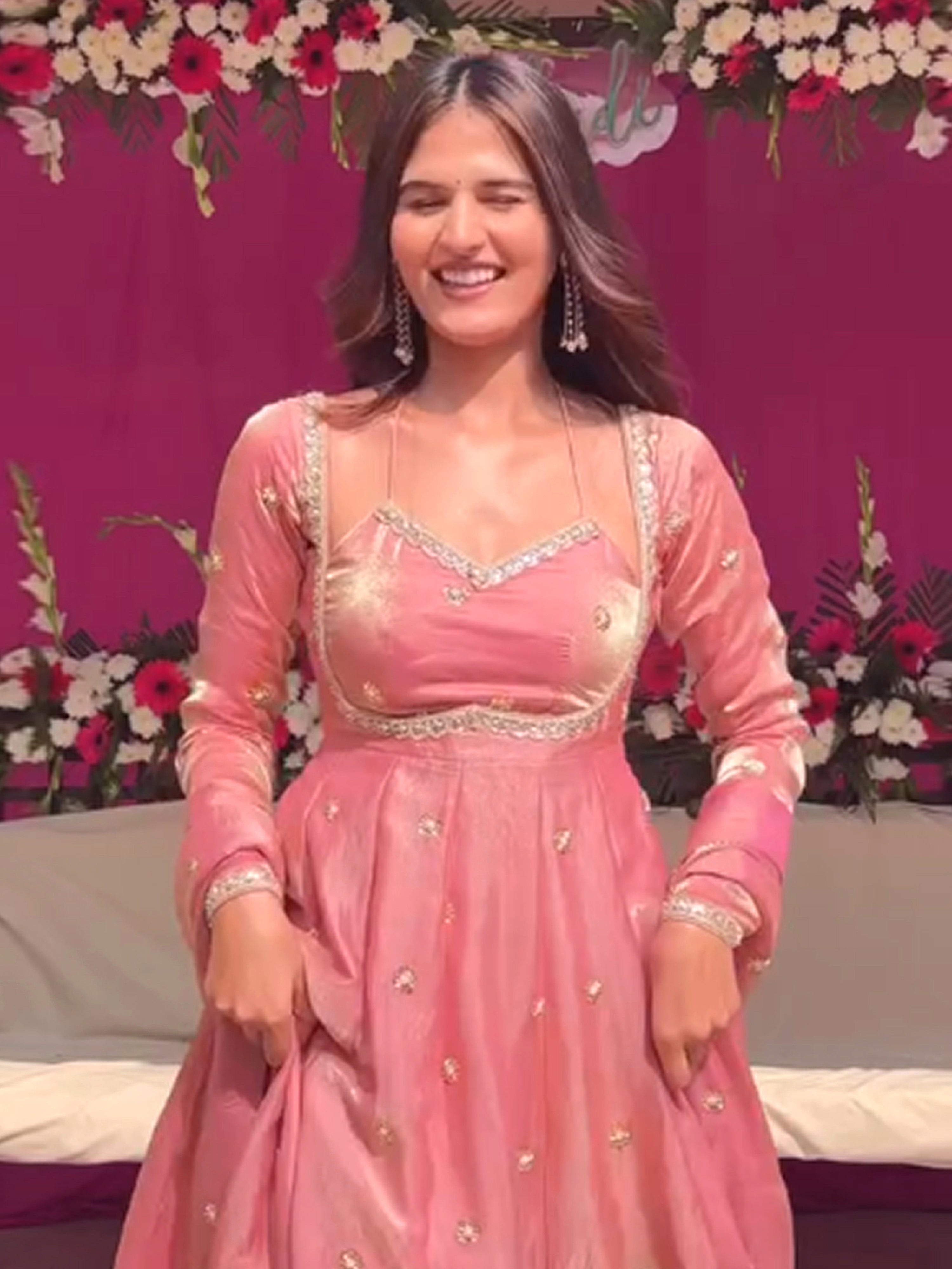 Peach Satin Embroidery Sequence Work Gown For Women