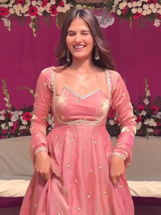 Peach Satin Embroidery Sequence Work Gown For Women