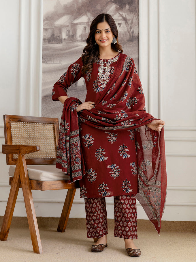 Red Cotton Embroidery Floral Print Kurta Pant with Dupatta Set
