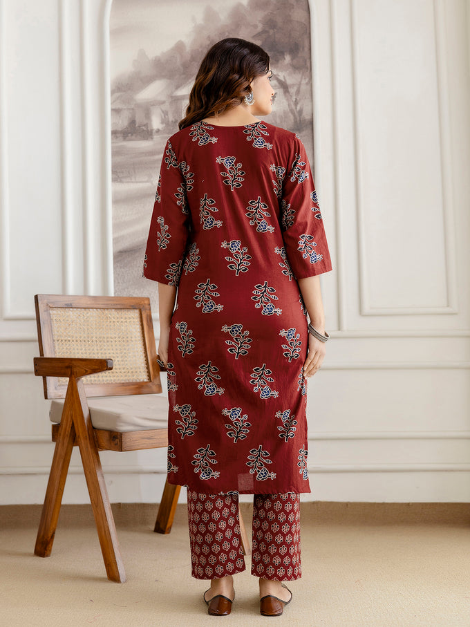 Red Cotton Embroidery Floral Print Kurta Pant with Dupatta Set