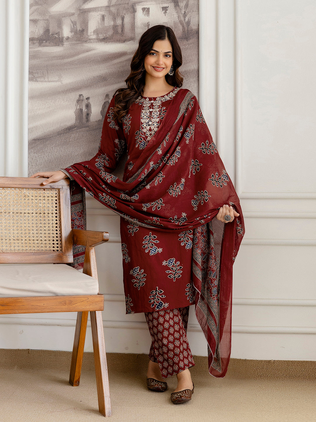 Red Cotton Embroidery Floral Print Kurta Pant with Dupatta Set
