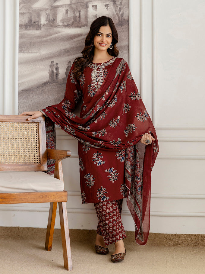 Red Cotton Embroidery Floral Print Kurta Pant with Dupatta Set