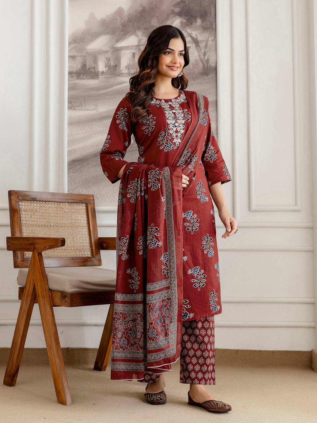 Red Cotton Embroidery Floral Print Kurta Pant with Dupatta Set