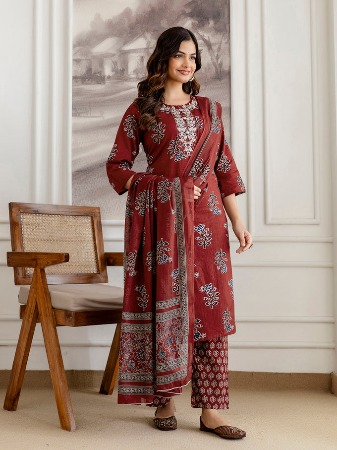 Red Cotton Embroidery Floral Print Kurta Pant with Dupatta Set