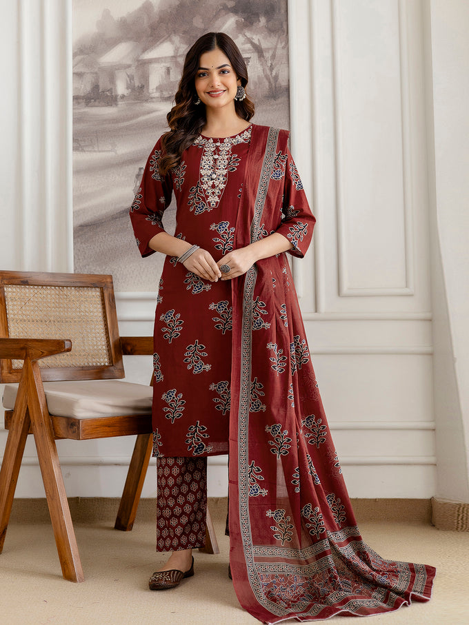 Red Cotton Embroidery Floral Print Kurta Pant with Dupatta Set