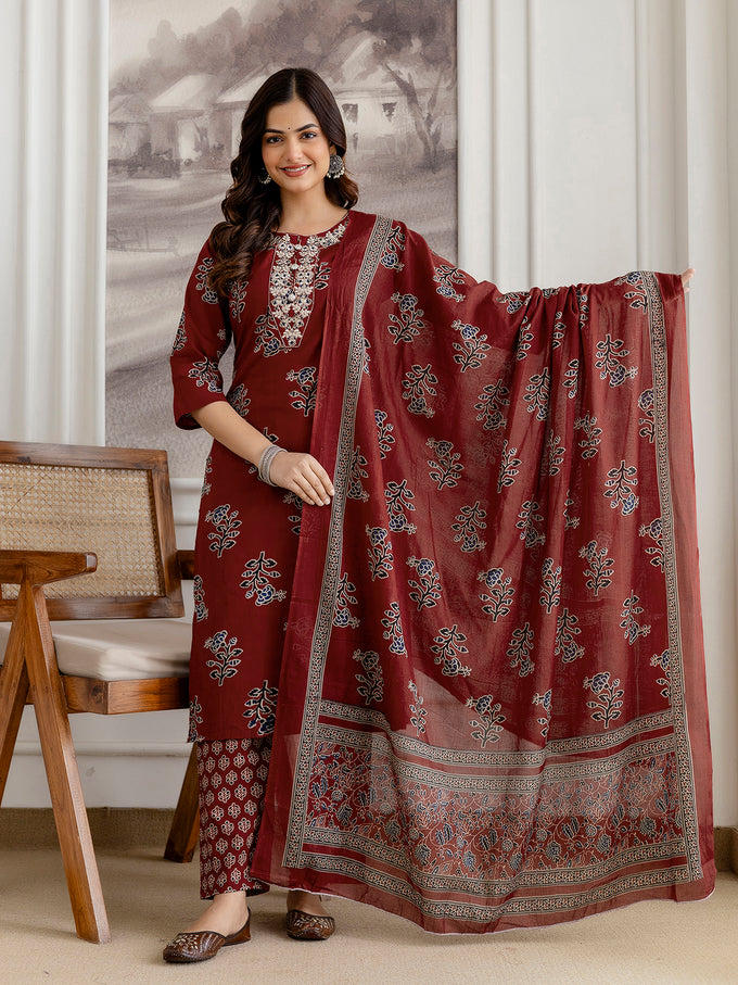 Red Cotton Embroidery Floral Print Kurta Pant with Dupatta Set