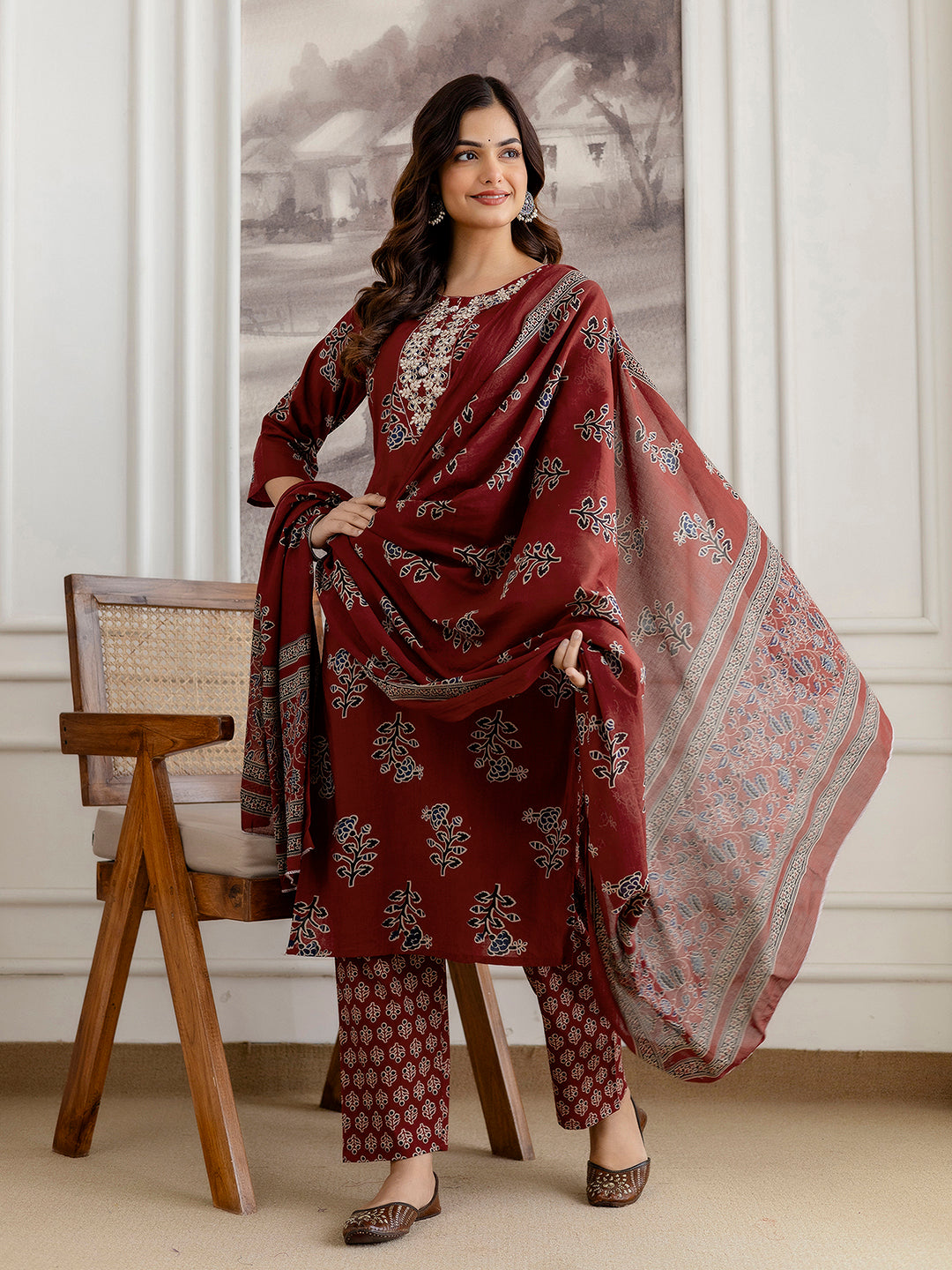 Red Cotton Embroidery Floral Print Kurta Pant with Dupatta Set
