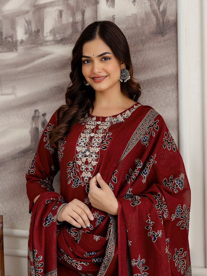 Red Cotton Embroidery Floral Print Kurta Pant with Dupatta Set