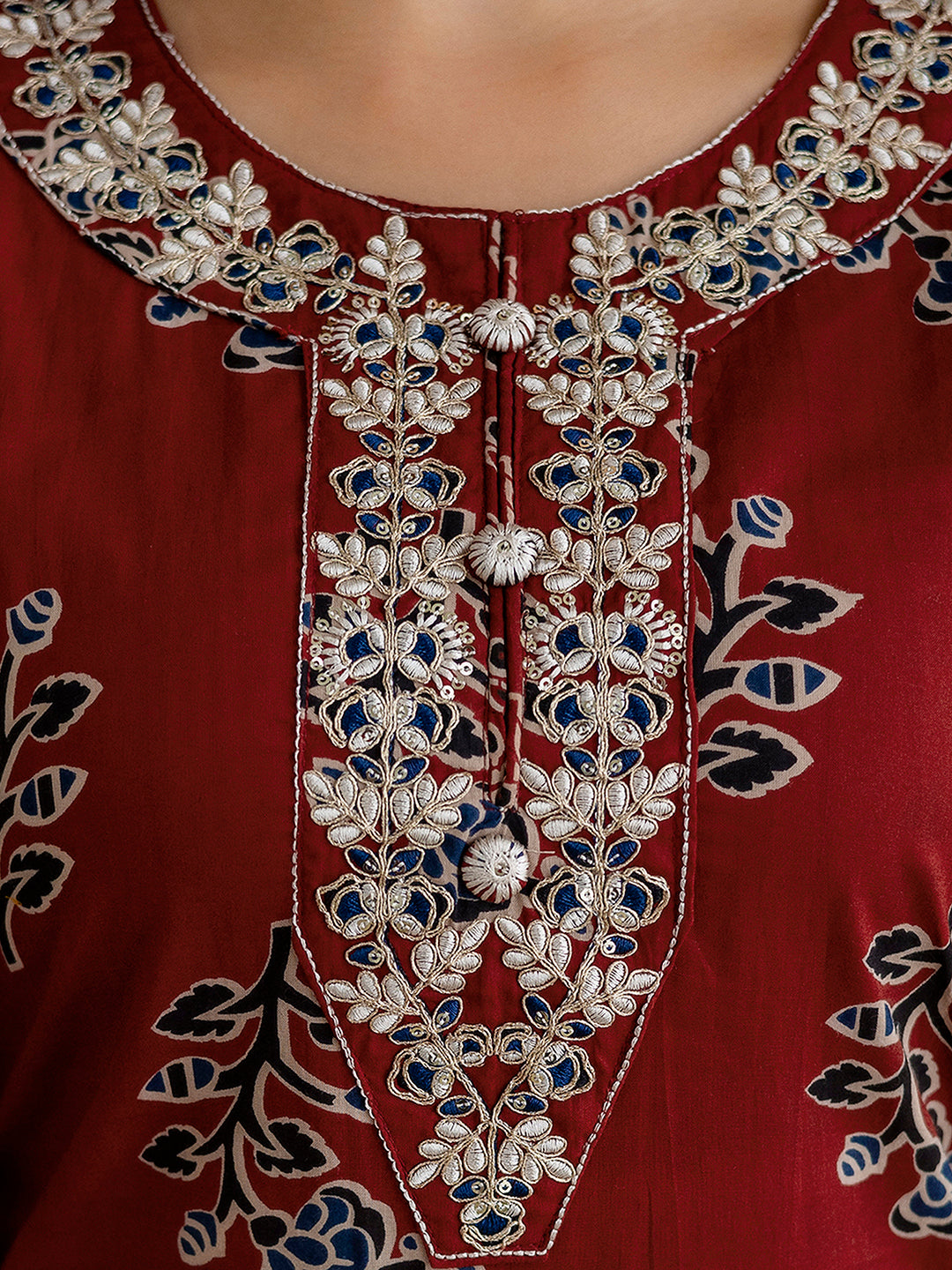 Red Cotton Embroidery Floral Print Kurta Pant with Dupatta Set