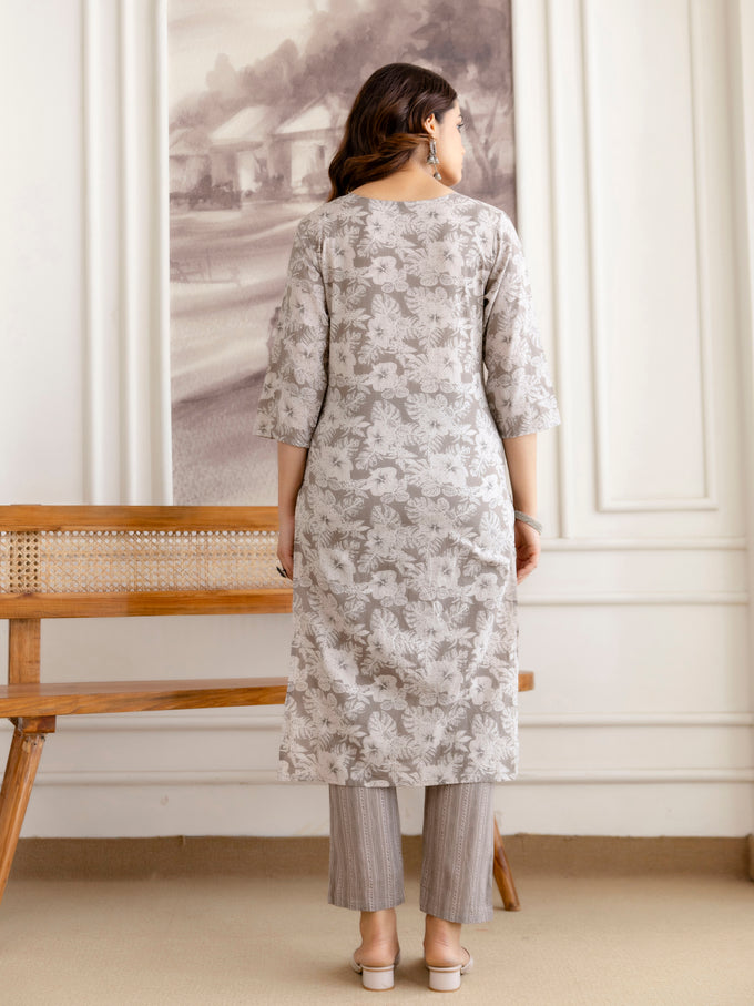 Grey Pure Cotton Beads Embroidery Work Floral Print Kurta Pant with Dupatta Set