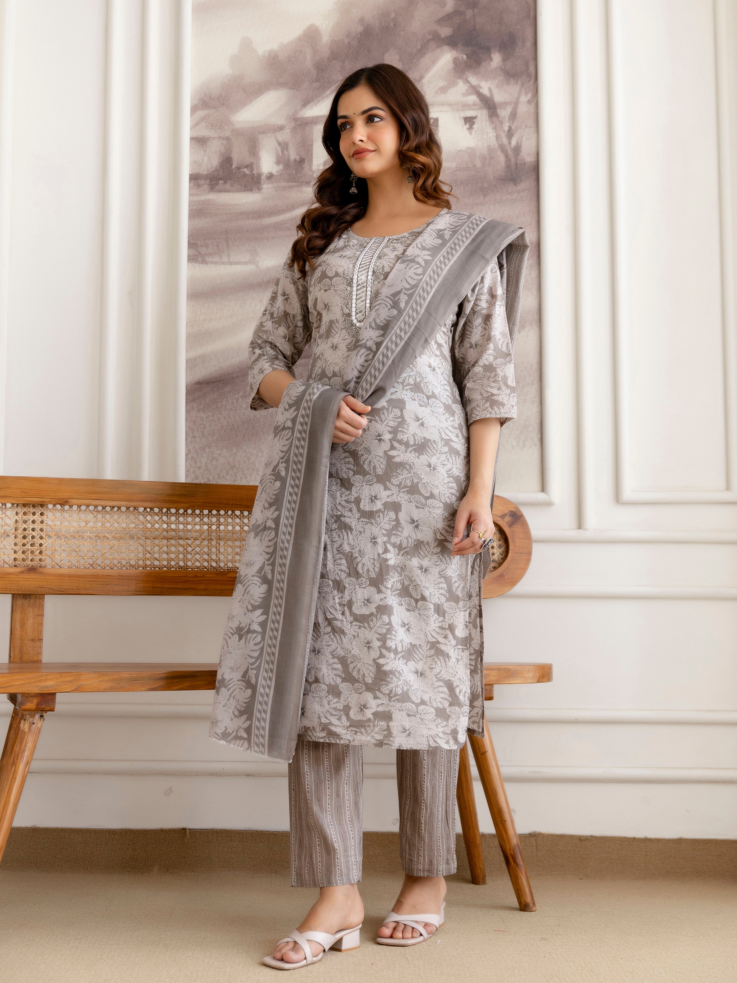 Grey Pure Cotton Beads Embroidery Work Floral Print Kurta Pant with Dupatta Set