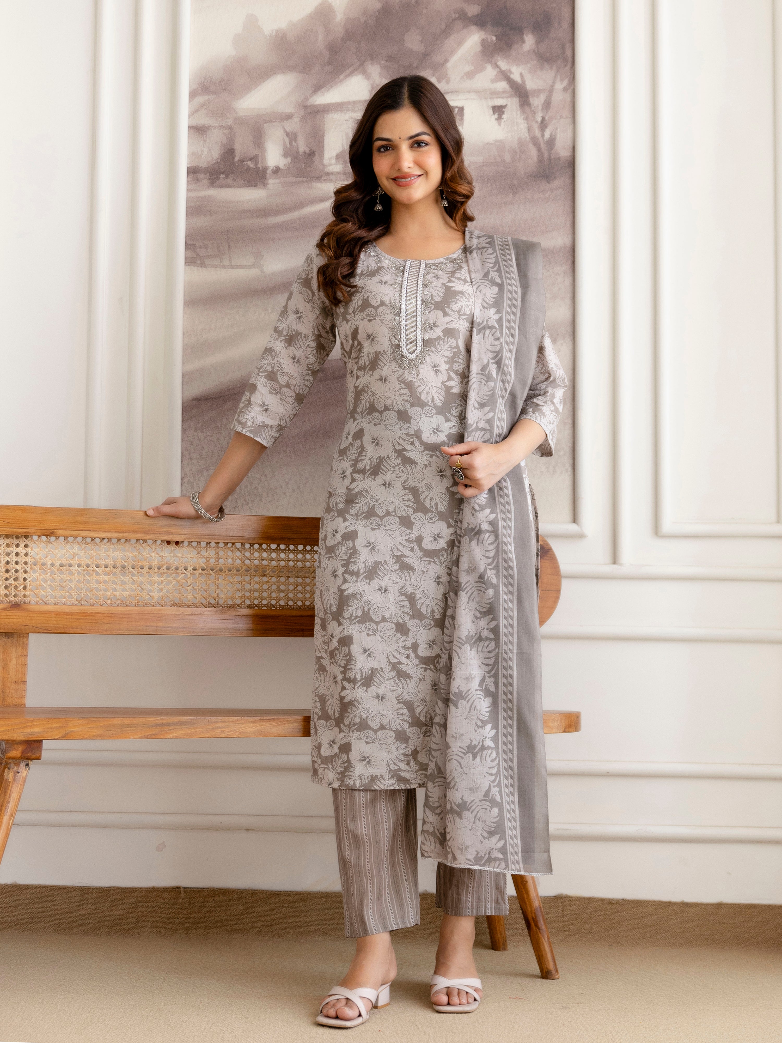 Grey Pure Cotton Beads Embroidery Work Floral Print Kurta Pant with Dupatta Set