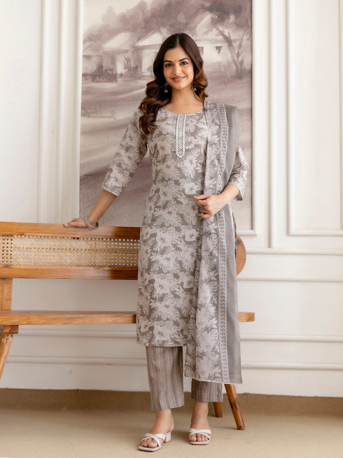 Grey Pure Cotton Beads Embroidery Work Floral Print Kurta Pant with Dupatta Set