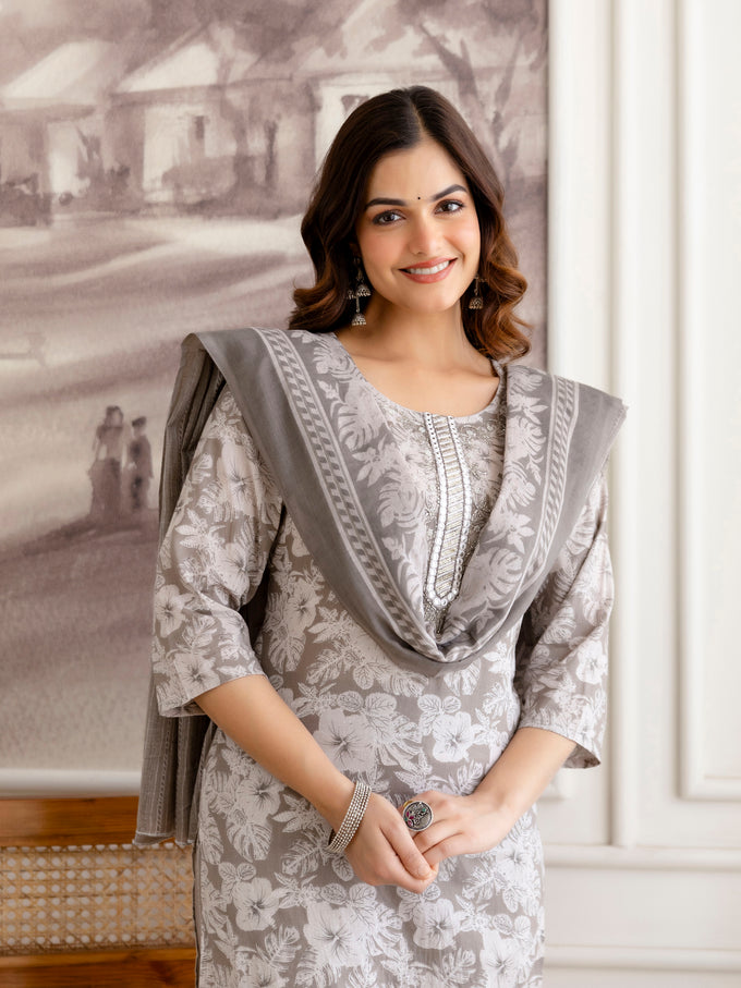 Grey Pure Cotton Beads Embroidery Work Floral Print Kurta Pant with Dupatta Set