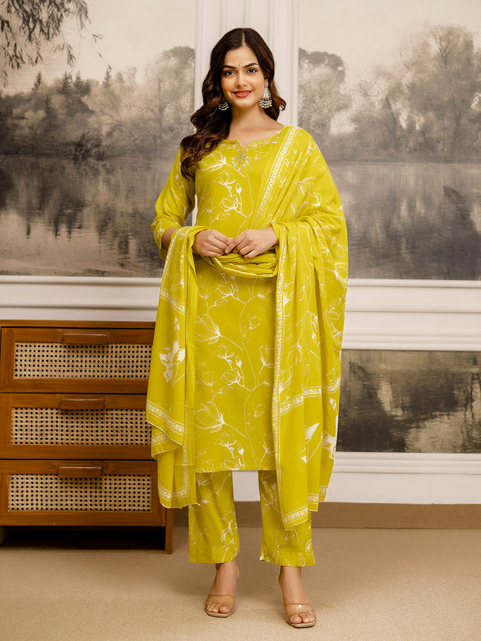 Yellow Cotton Embroidery Floral Print Kurta Pant with Dupatta Set