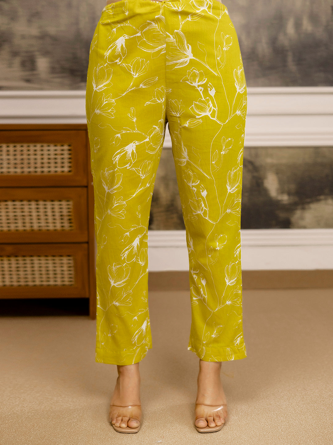 Yellow Cotton Embroidery Floral Print Kurta Pant with Dupatta Set