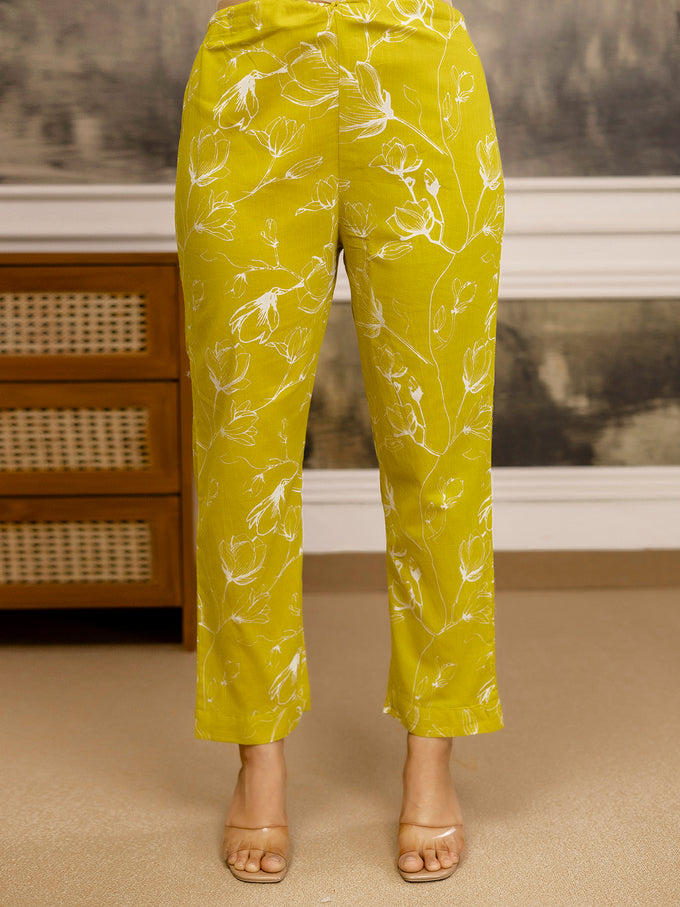 Yellow Cotton Embroidery Floral Print Kurta Pant with Dupatta Set