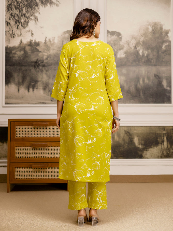 Yellow Cotton Embroidery Floral Print Kurta Pant with Dupatta Set
