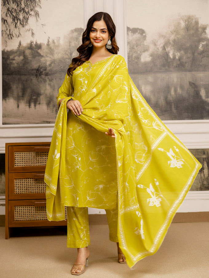 Yellow Cotton Embroidery Floral Print Kurta Pant with Dupatta Set