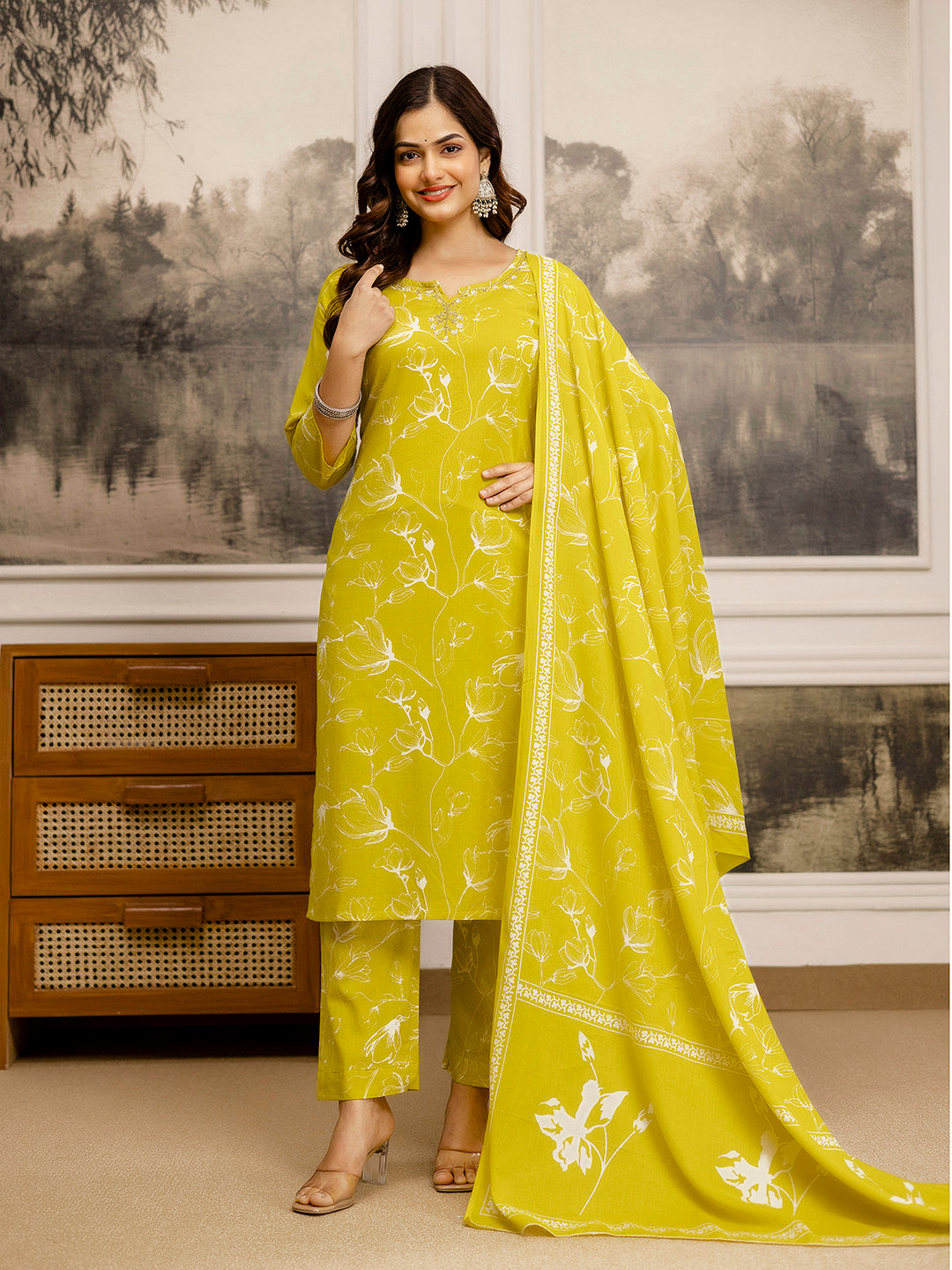 Yellow Cotton Embroidery Floral Print Kurta Pant with Dupatta Set