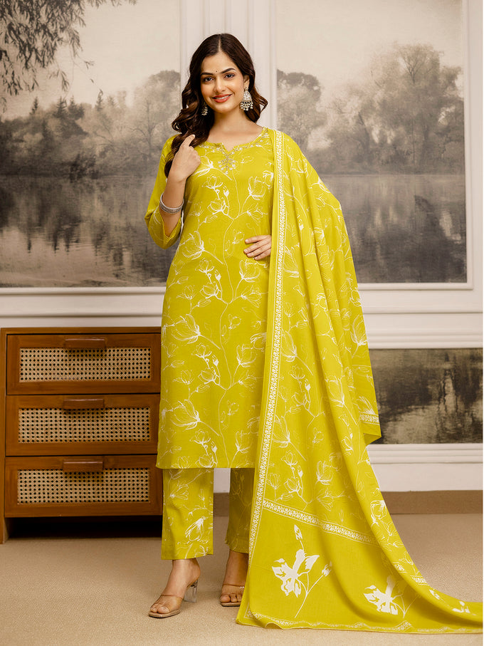 Yellow Cotton Embroidery Floral Print Kurta Pant with Dupatta Set