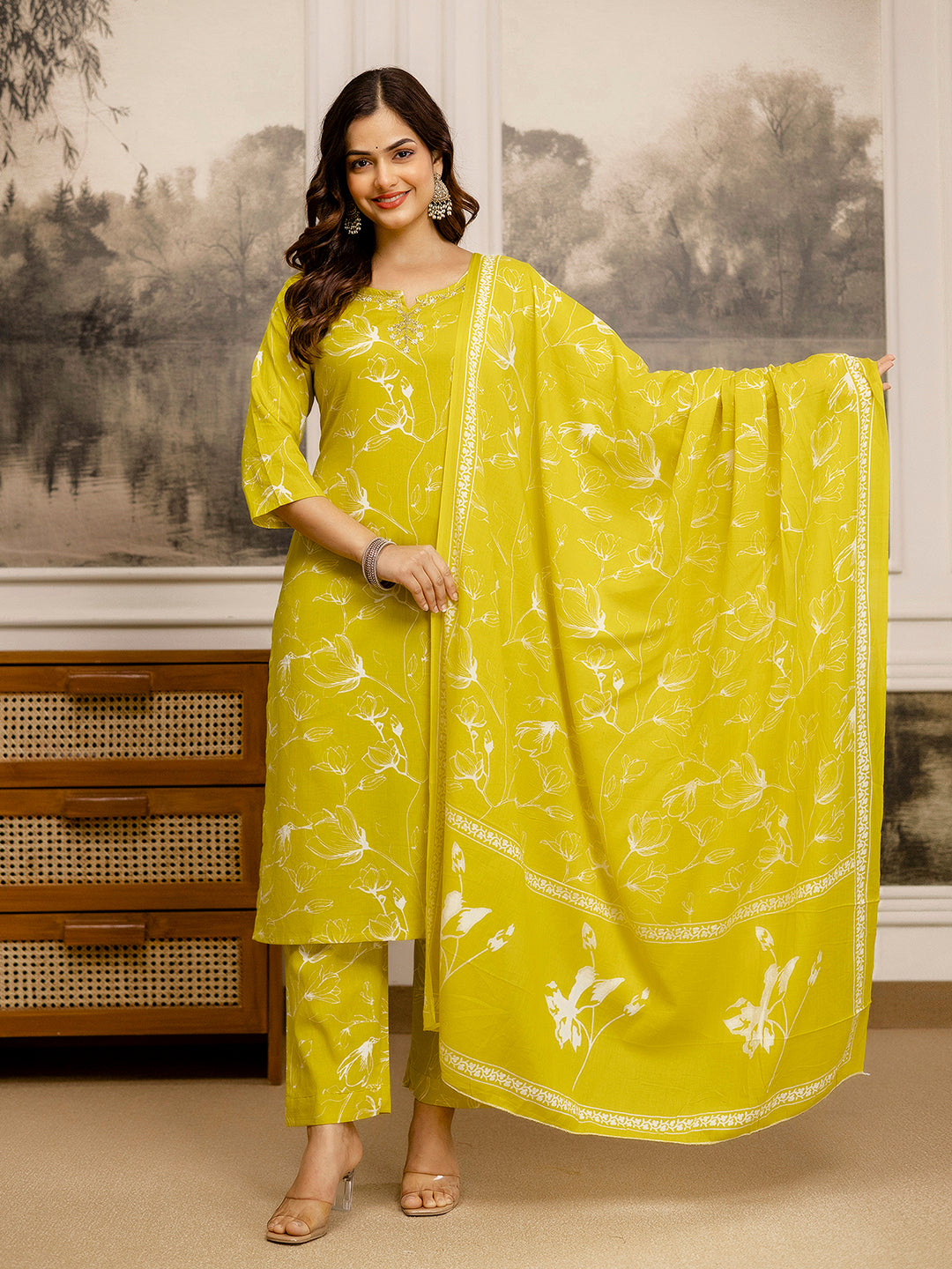 Yellow Cotton Embroidery Floral Print Kurta Pant with Dupatta Set