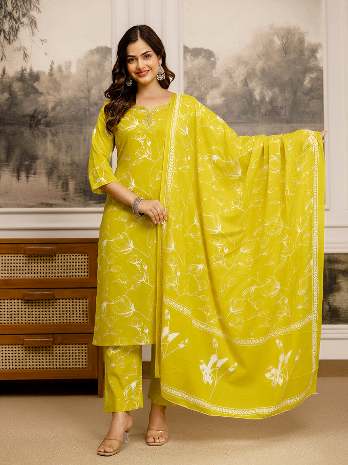 Yellow Cotton Embroidery Floral Print Kurta Pant with Dupatta Set