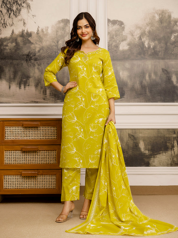 Yellow Cotton Embroidery Floral Print Kurta Pant with Dupatta Set