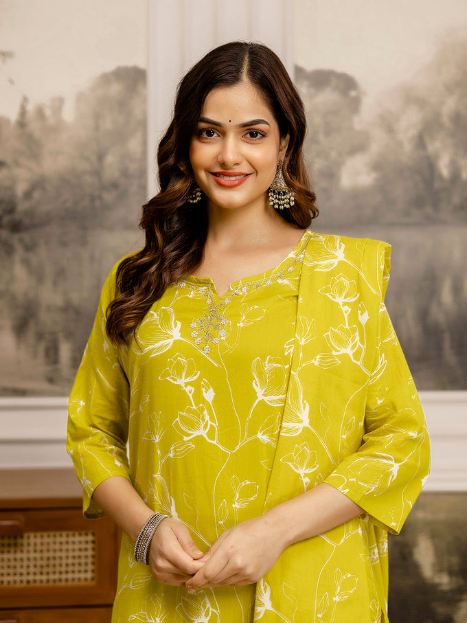 Yellow Cotton Embroidery Floral Print Kurta Pant with Dupatta Set
