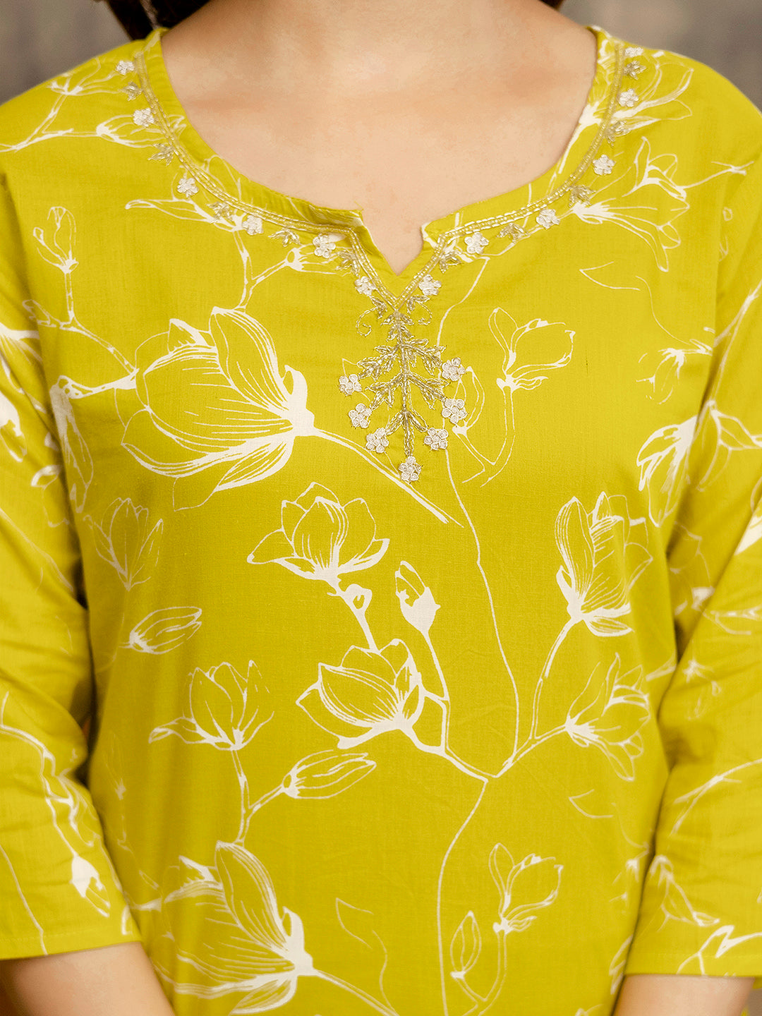 Yellow Cotton Embroidery Floral Print Kurta Pant with Dupatta Set