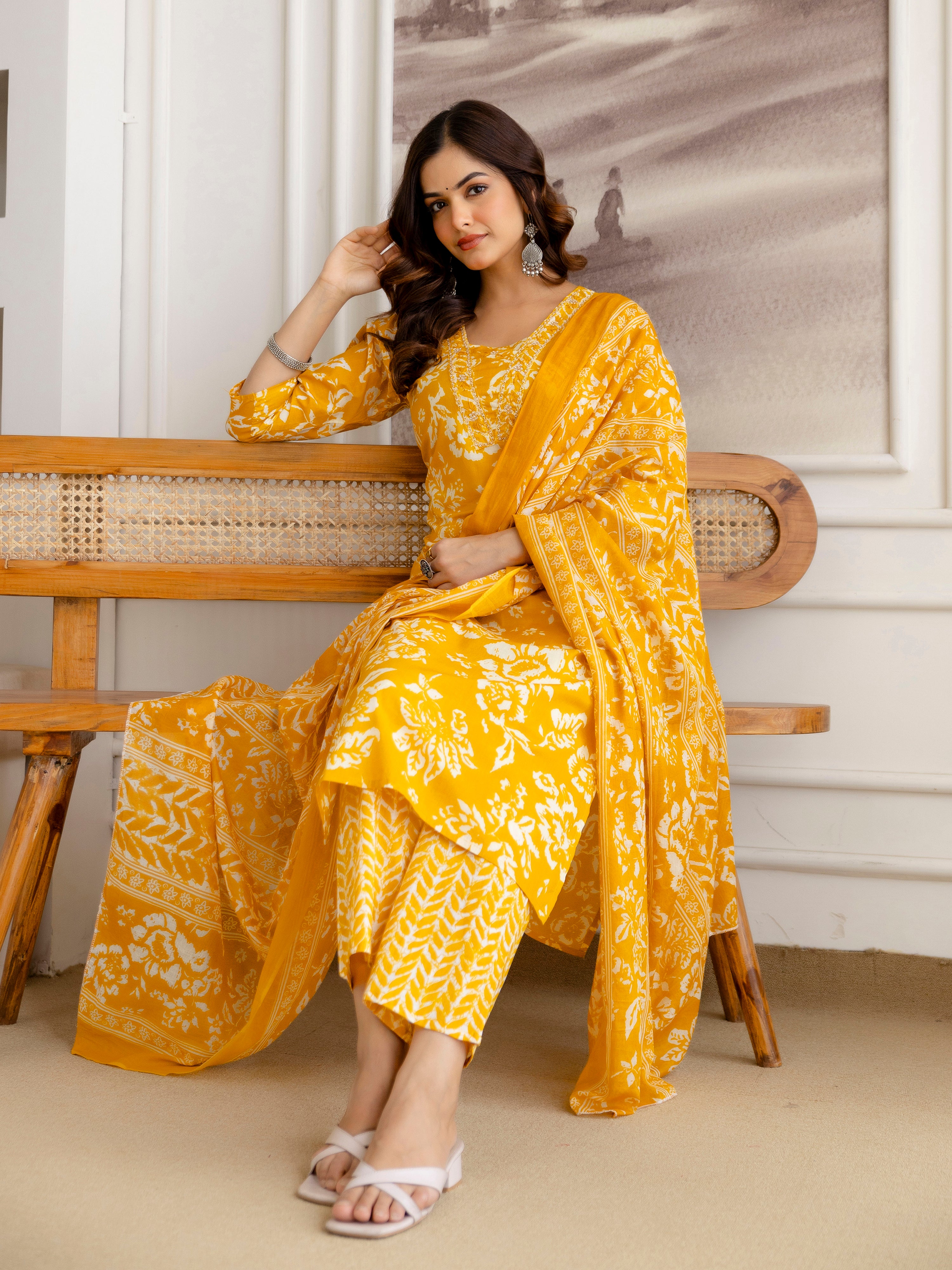 Orange Pure Cotton Beads Embroidery Work Floral Print Kurta Pant with Dupatta Set