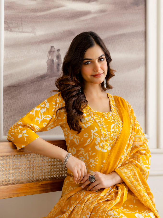 Orange Pure Cotton Beads Embroidery Work Floral Print Kurta Pant with Dupatta Set