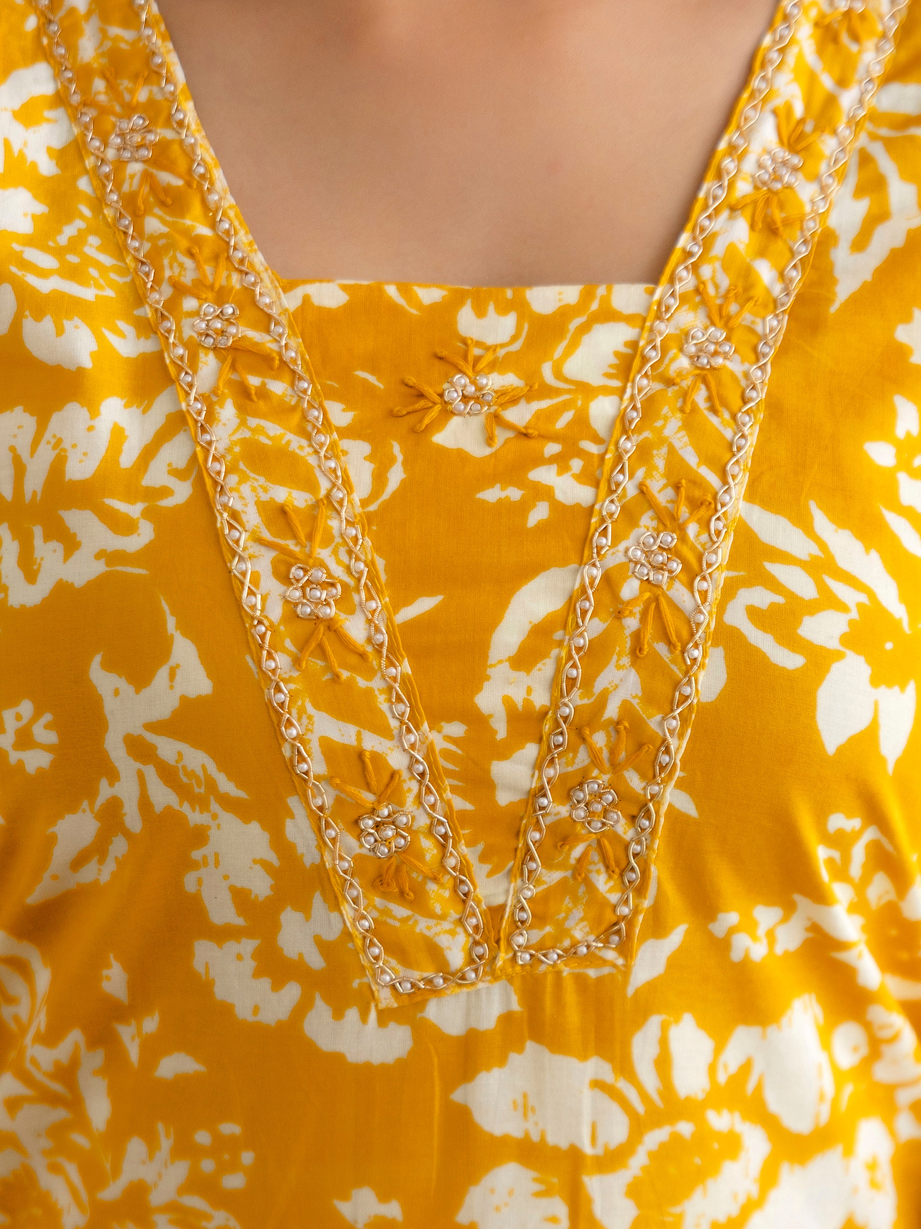 Orange Pure Cotton Beads Embroidery Work Floral Print Kurta Pant with Dupatta Set