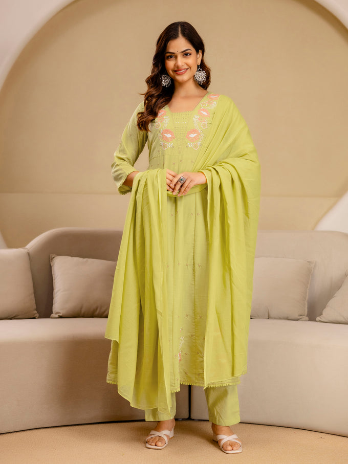 Yellow Pure Cotton Embroidery Sequence Work Anarkali Kurta Pant with Dupatta Set For Women