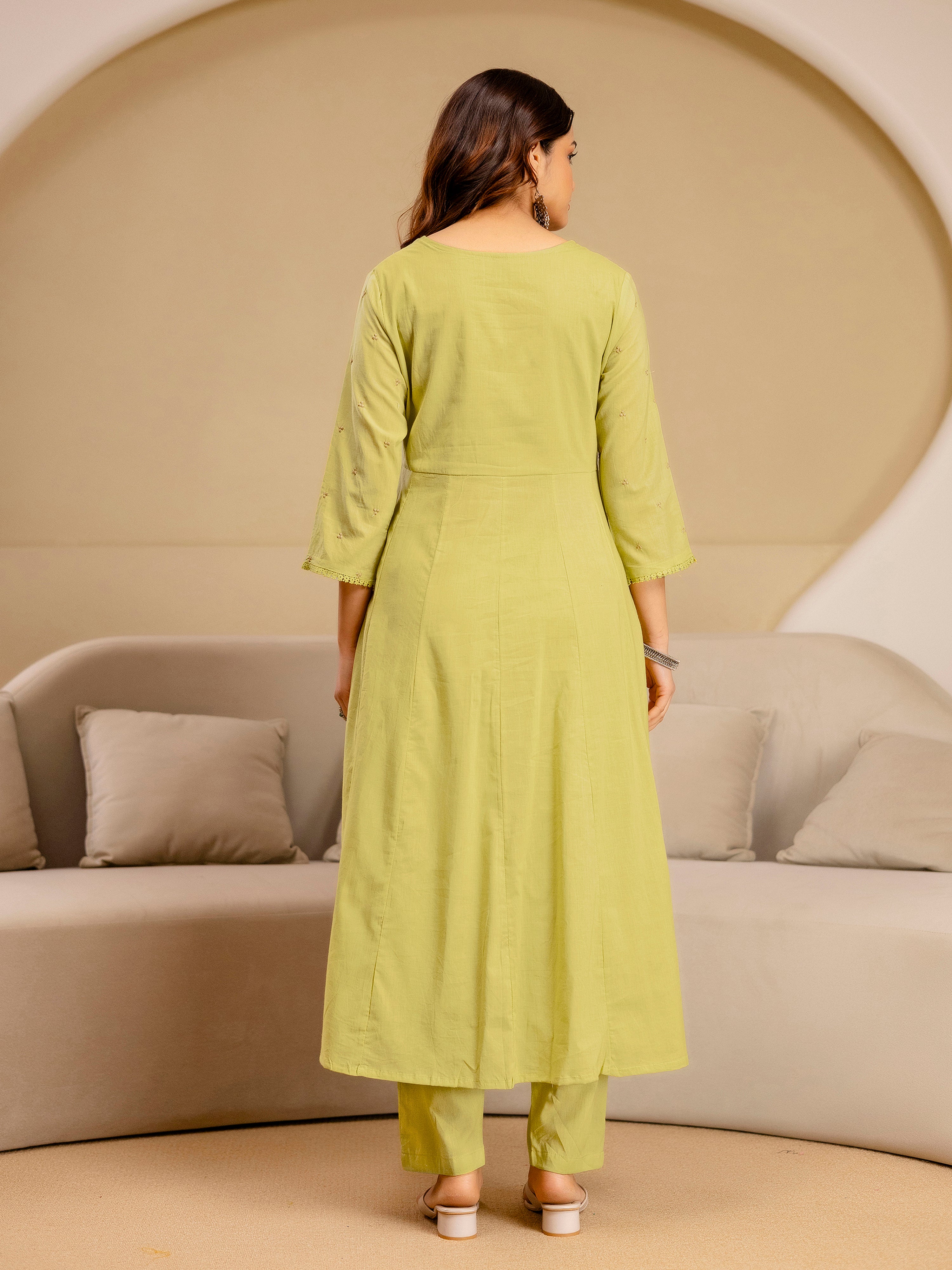 Yellow Pure Cotton Embroidery Sequence Work Anarkali Kurta Pant with Dupatta Set For Women