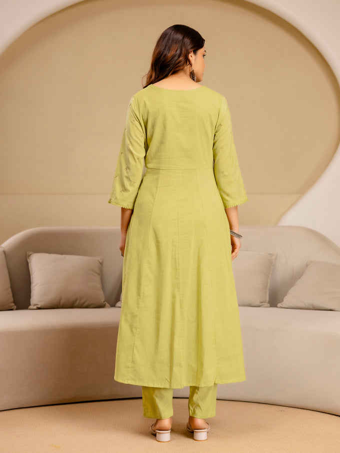 Yellow Pure Cotton Embroidery Sequence Work Anarkali Kurta Pant with Dupatta Set For Women