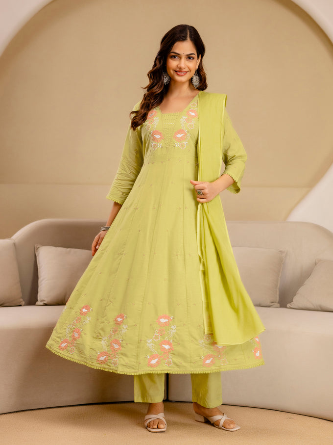 Yellow Pure Cotton Embroidery Sequence Work Anarkali Kurta Pant with Dupatta Set For Women