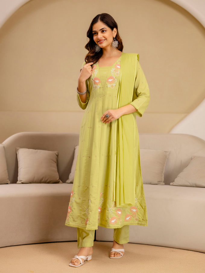Yellow Pure Cotton Embroidery Sequence Work Anarkali Kurta Pant with Dupatta Set For Women