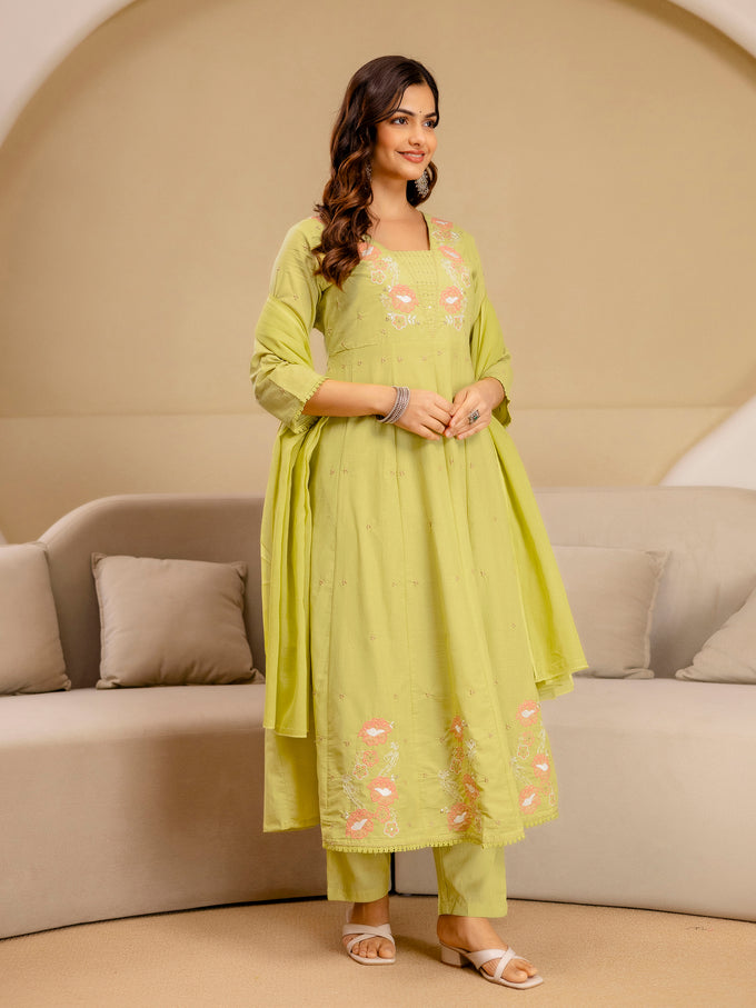 Yellow Pure Cotton Embroidery Sequence Work Anarkali Kurta Pant with Dupatta Set For Women