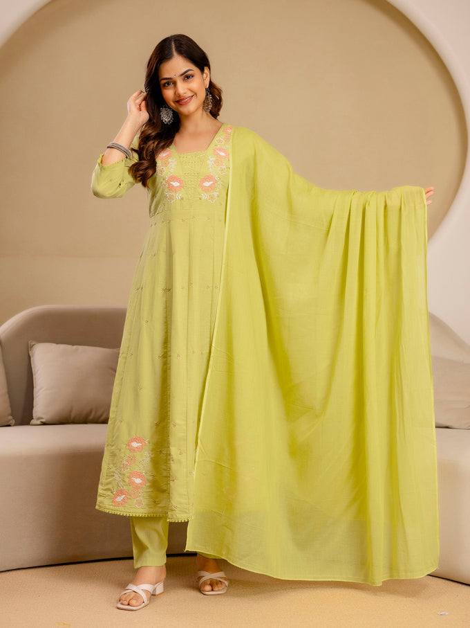 Yellow Pure Cotton Embroidery Sequence Work Anarkali Kurta Pant with Dupatta Set For Women