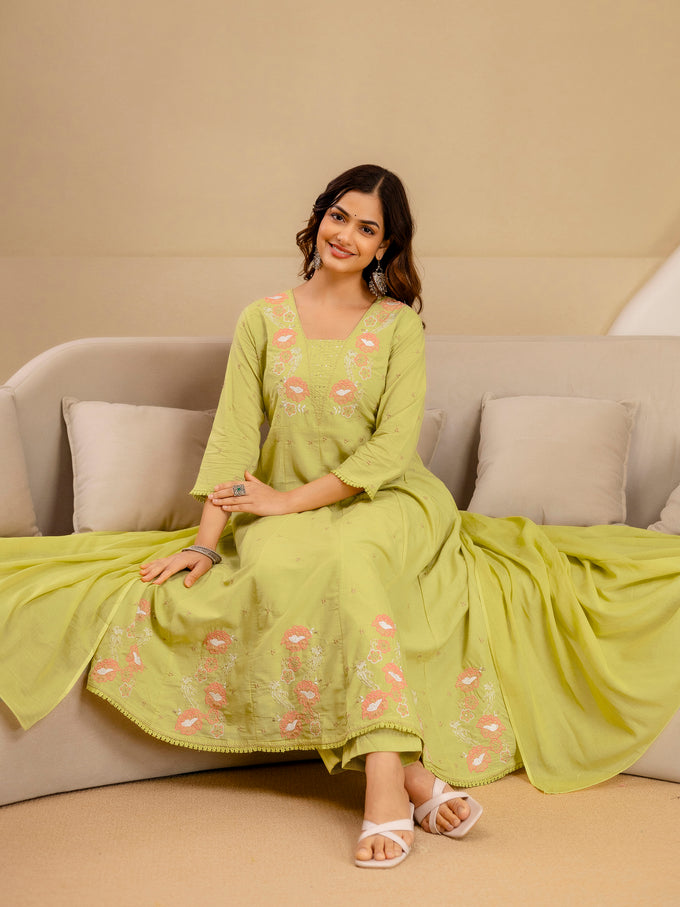 Yellow Pure Cotton Embroidery Sequence Work Anarkali Kurta Pant with Dupatta Set For Women