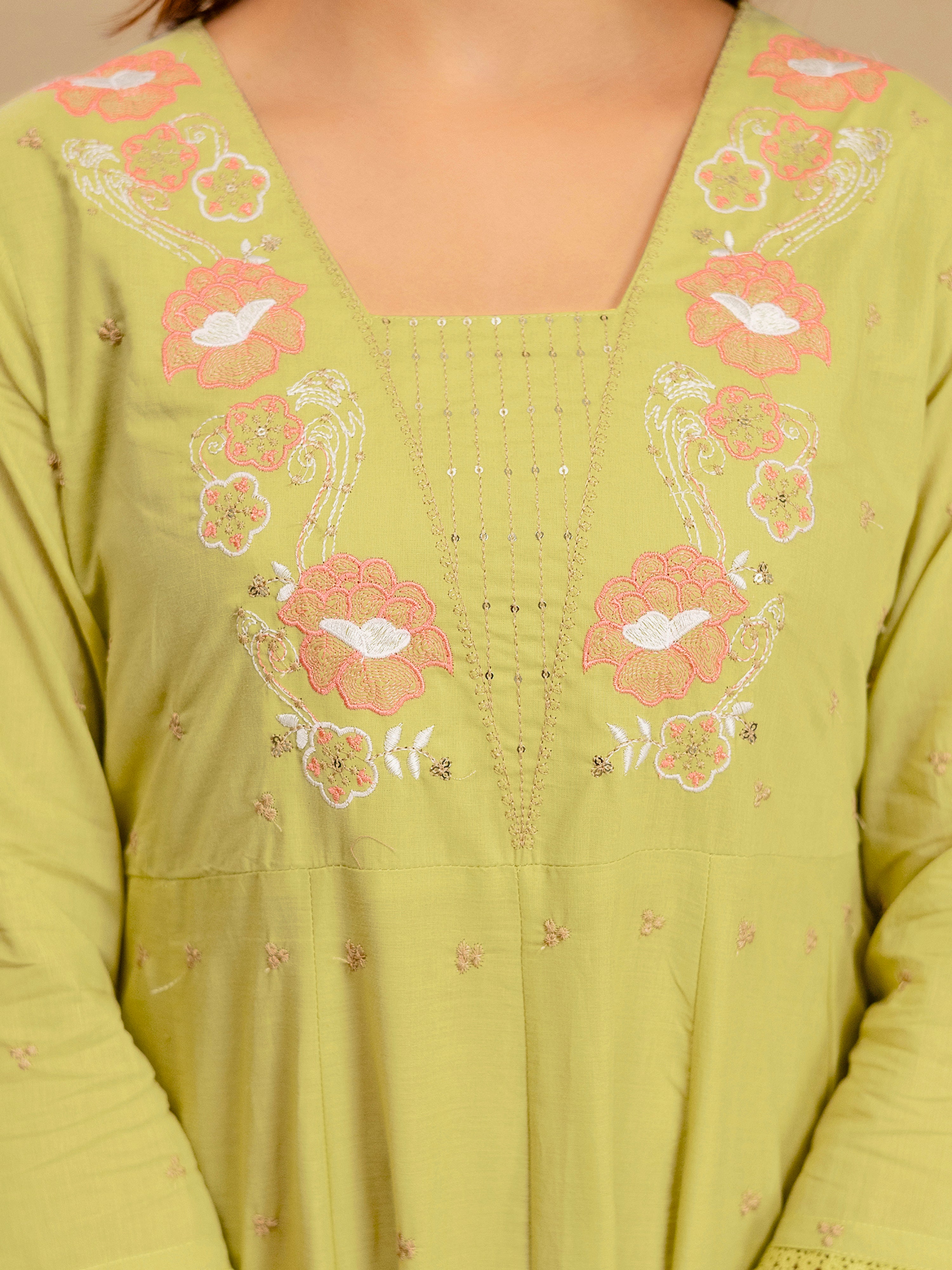 Yellow Pure Cotton Embroidery Sequence Work Anarkali Kurta Pant with Dupatta Set For Women