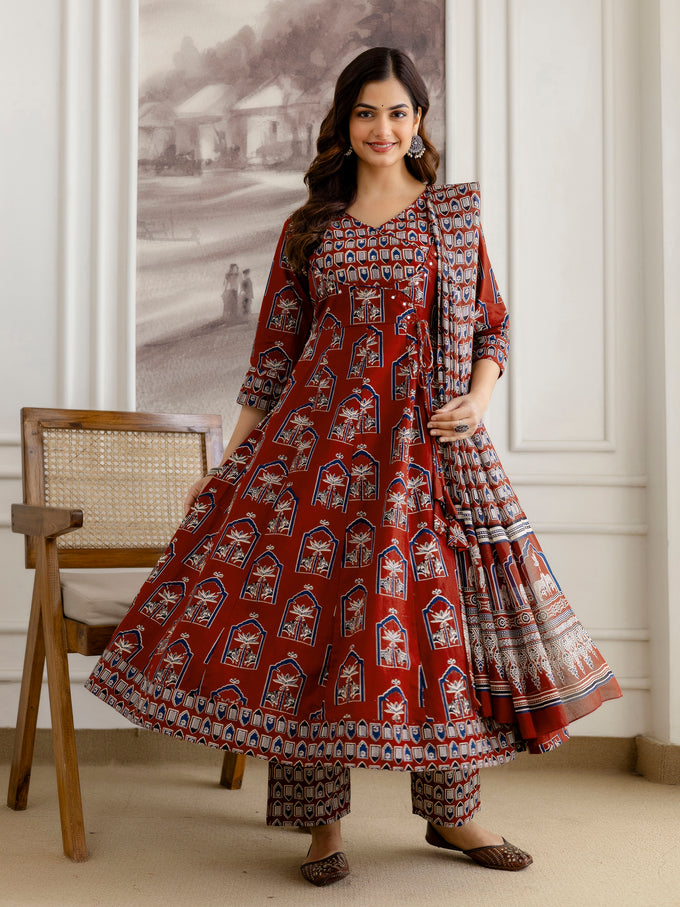 Maroon Pure Cotton Ajrakh Block Print Paper Mirror Work Anarkali Kurta Pant with Dupatta Set For Women