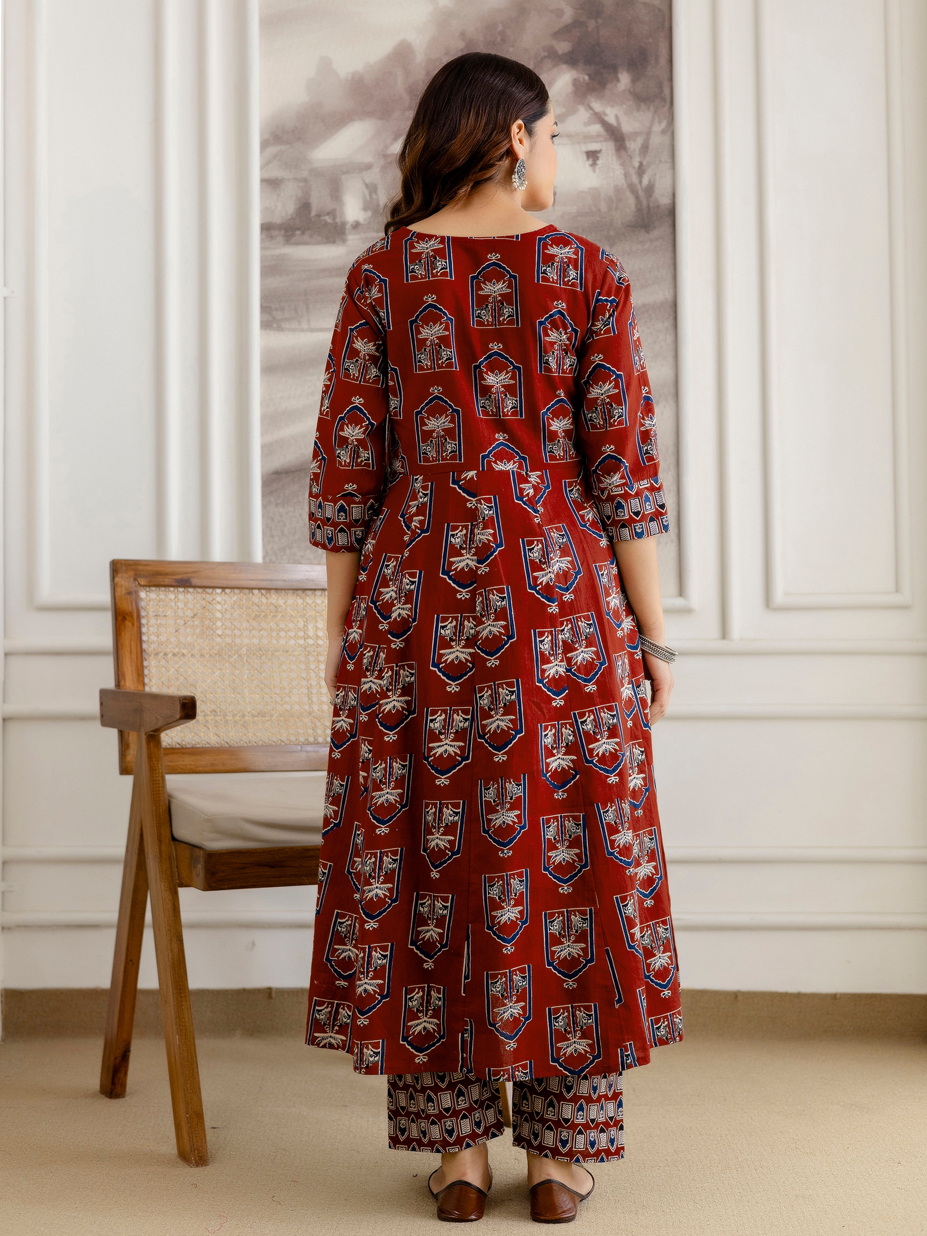 Maroon Pure Cotton Ajrakh Block Print Paper Mirror Work Anarkali Kurta Pant with Dupatta Set For Women