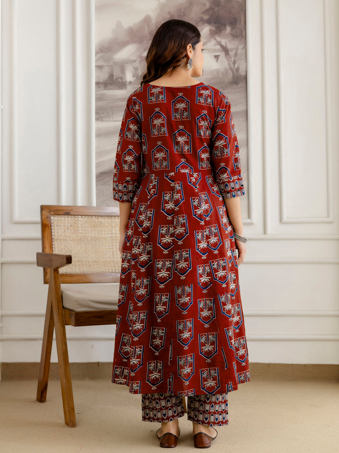 Maroon Pure Cotton Ajrakh Block Print Paper Mirror Work Anarkali Kurta Pant with Dupatta Set For Women